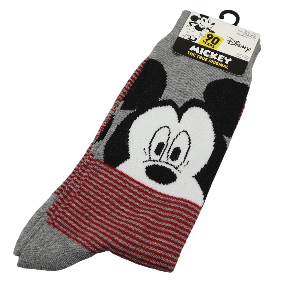 Disney Mickey Mouse Crew Socks Mens OS Gray Red Striped 90 Years NWT